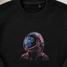 Astronot Maymun Nakışlı Bisiklet Yaka Sweatshirt Unisex