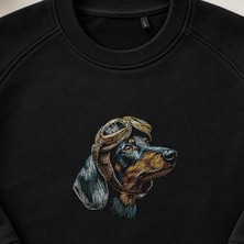 Gözlüklü Pilot Köpek Vintage Nakışlı Bisiklet Yaka Sweatshirt Unisex
