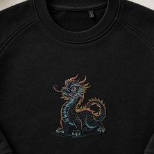Neon Çin Ejderhası Nakışlı Bisiklet Yaka Sweatshirt Unisex