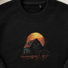 Ay Işığında Perili Ev Korku Nakışlı Bisiklet Yaka Sweatshirt Unisex
