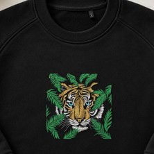 Orman Yapraklı Kaplan Nakışlı Bisiklet Yaka Sweatshirt Unisex
