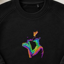 Gökkuşağı Kalp Eller Öpücük Nakışlı Bisiklet Yaka Sweatshirt Unisex