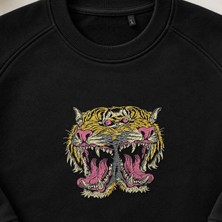Çift Başlı Kaplan Nakışlı Bisiklet Yaka Sweatshirt Unisex