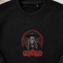 Kovboy Tabanca ve Gül Nakışlı Bisiklet Yaka Sweatshirt Unisex