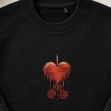 Mum ve Gül Eriyen Kalp Nakışlı Bisiklet Yaka Sweatshirt Unisex