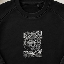 Avcı Kurt Kafası Nakışlı Bisiklet Yaka Sweatshirt Unisex