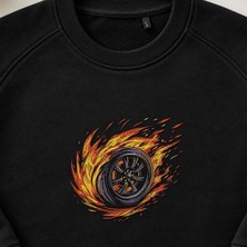 Alevli Yarış Lastiği Nakışlı Bisiklet Yaka Sweatshirt Unisex
