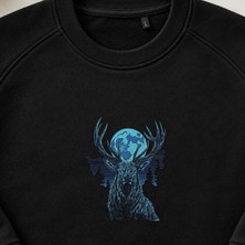 Mistik Geyik Ay ve Dünya Nakışlı Bisiklet Yaka Sweatshirt Unisex