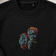 Orangutan ve Şempanze Üçlü Nakışlı Bisiklet Yaka Sweatshirt Unisex