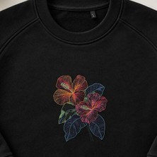 Tropik Hibiskus Çiçek Deseni Nakışlı Bisiklet Yaka Sweatshirt Unisex