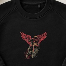 Kırmızı Kanatlı Motorcu Melek Nakışlı Bisiklet Yaka Sweatshirt Unisex
