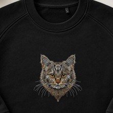 Gerçekçi Kedi Deseni Nakışlı Bisiklet Yaka Sweatshirt Unisex