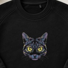 Neon Mor Kedi Kafası Nakışlı Bisiklet Yaka Sweatshirt Unisex