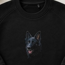 Gerçekçi Siyah Alman Kurdu Nakışlı Bisiklet Yaka Sweatshirt Unisex