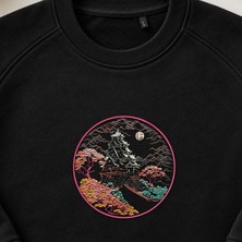 Samuray Kalesi Japon Gece Manzarası Nakışlı Bisiklet Yaka Sweatshirt Unisex