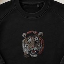 Şapkalı Sokak Stili Kaplan Nakışlı Bisiklet Yaka Sweatshirt Unisex