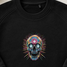 Neon Psikedelik Kurukafa Nakışlı Bisiklet Yaka Sweatshirt Unisex