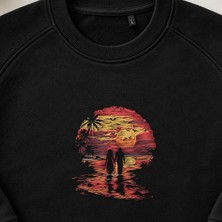Romantik Plaj Gün Batımı Çift Nakışlı Bisiklet Yaka Sweatshirt Unisex