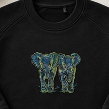 Işıltılı Ikiz Filler Nakışlı Bisiklet Yaka Sweatshirt Unisex