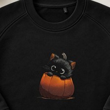 Balkabağı Yavru Kara Kedi Nakışlı Bisiklet Yaka Sweatshirt Unisex