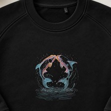Romantik Yin Yang Koi Balığı Nakışlı Bisiklet Yaka Sweatshirt Unisex