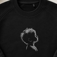 Minimal Bebek Yüzü Profil Çizimi Nakışlı Bisiklet Yaka Sweatshirt Unisex