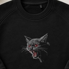 Öfkeli Vahşi Kedi Nakışlı Bisiklet Yaka Sweatshirt Unisex