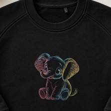 Gökkuşağı Neon Yavru Fil Nakışlı Bisiklet Yaka Sweatshirt Unisex