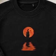 Ay Yansımalı Gotik Kara Kedi Nakışlı Bisiklet Yaka Sweatshirt Unisex