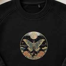 Vintage Çiçekli Mistik Ay Güvesi Nakışlı Bisiklet Yaka Sweatshirt Unisex