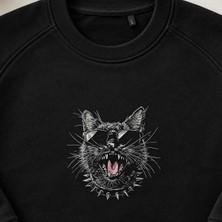 Güneş Gözlüklü Punk Rock Kedi Nakışlı Bisiklet Yaka Sweatshirt Unisex