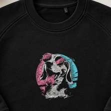 Retro Güneş Gözlüklü Dachshund Nakışlı Bisiklet Yaka Sweatshirt Unisex