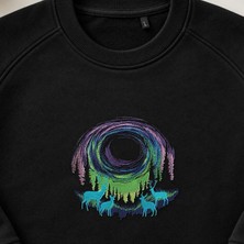 Kuzey Işıkları Orman Geyik Nakışlı Bisiklet Yaka Sweatshirt Unisex