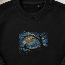 Yıldızlı Gece Kedi Silüeti Nakışlı Bisiklet Yaka Sweatshirt Unisex