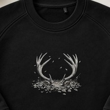 Sonbahar Orman Geyik Kafatası Nakışlı Bisiklet Yaka Sweatshirt Unisex