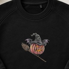 Yarasalı Balkabağı Cadı Nakışlı Bisiklet Yaka Sweatshirt Unisex