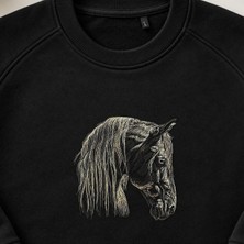 Gerçekçi At Kafası Portre Nakışlı Bisiklet Yaka Sweatshirt Unisex
