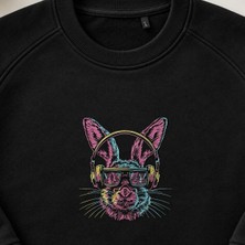 Kulaklıklı Dj Tavşan Nakışlı Bisiklet Yaka Sweatshirt Unisex