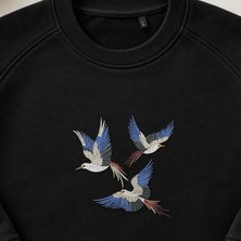 Uçan Balıkçıl Turna Kuşları Nakışlı Bisiklet Yaka Sweatshirt Unisex