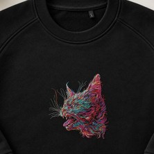 Gökkuşağı Renkli Kedi Nakışlı Bisiklet Yaka Sweatshirt Unisex