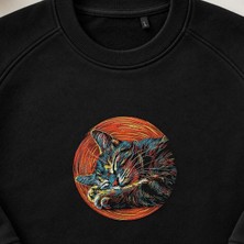 Gün Batımı Renkli Kedi Portresi Nakışlı Bisiklet Yaka Sweatshirt Unisex