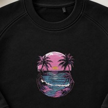Retro Tropik Gün Batımı Plaj Nakışlı Bisiklet Yaka Sweatshirt Unisex