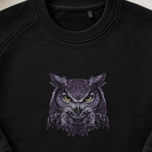 Detaylı Mor Baykuş Kafası Nakışlı Bisiklet Yaka Sweatshirt Unisex