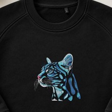 Mavi Gerçekçi Yaban Kedisi Kafası Nakışlı Bisiklet Yaka Sweatshirt Unisex
