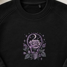 Ampul Içinde Gül Ay ve Yıldızlar Nakışlı Bisiklet Yaka Sweatshirt Unisex