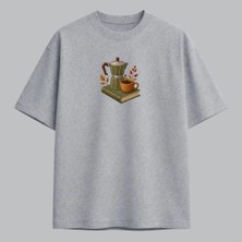Moka Pot Kahve ve Kitap Tasarımlı Nakışlı Tişört Unisex %100 Pamuk