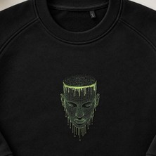 Siberpunk Yapay Zeka Yüzü Nakışlı Bisiklet Yaka Sweatshirt Unisex