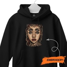 Dört Gözlü Kadın Portre Sürreal Sanat Nakışlı Kapüşonlu Sweatshirt Unisex Hoodie