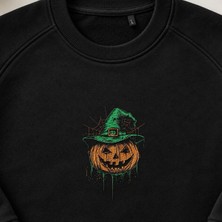 Cadı Şapkalı Balkabağı Fener Nakışlı Bisiklet Yaka Sweatshirt Unisex