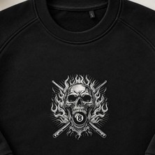 Alevli 8 Top Motorcu Kurukafa Nakışlı Bisiklet Yaka Sweatshirt Unisex